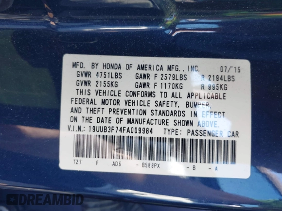 2015 Acura TLX Advance with VIN 19UUB3F74FA009984, listed as a IAAI auction lot 41724728 with 155,841 mi miles and . Bid and sale history available at DreamBid. Image 9.