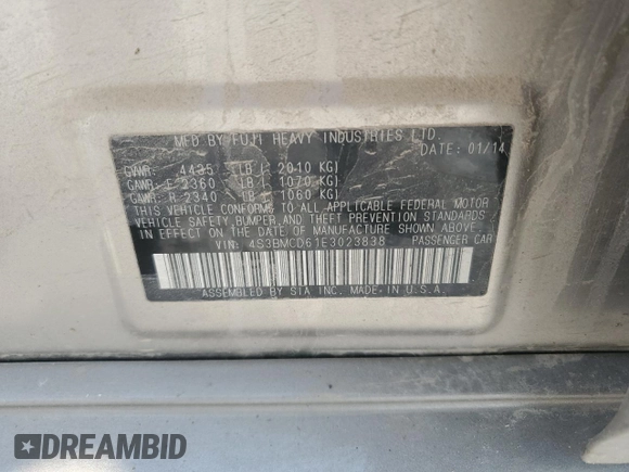 2014 Subaru Legacy Premium with VIN 4S3BMCD61E3023838, listed as a Copart auction lot 57621505 with 171,056 mi miles and Salvage title. Bid and sale history available at DreamBid. Image 12.