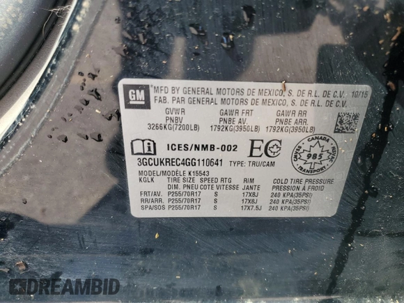 2016 Chevrolet Silverado 1500 LT with VIN 3GCUKREC4GG110641, listed as a Copart auction lot 52310425 with 156,968 mi miles and Salvage Title. Bid and sale history available at DreamBid. Image 12.