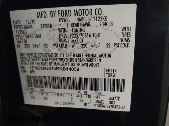 2011 Ford Escape XLT с VIN 1FMCU9DG9BKB14059, выставлен на аукционе IAAI как лот 42175947 с пробегом 113 901 миль миль и . История ставок и продаж доступна на DreamBid. Изображение 9.