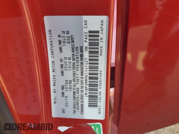 2019 Mazda 3 Preferred с VIN JM1BPAMM9K1141427, выставлен на аукционе Copart как лот 49545345 с пробегом 39 352 миль миль и Списание • Salvage title. История ставок и продаж доступна на DreamBid. Изображение 14.