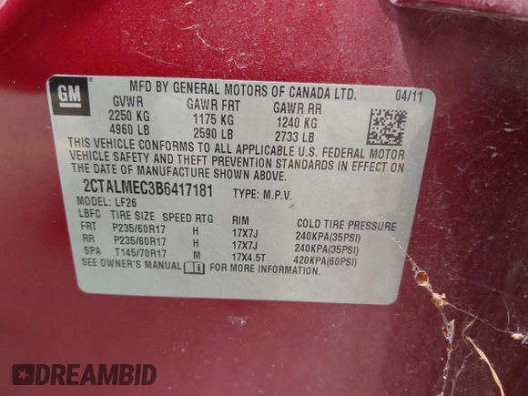 2011 GMC Terrain SLE-1 with VIN 2CTALMEC3B6417181, listed as a IAAI auction lot 42123130 with 224,217 mi miles and . Bid and sale history available at DreamBid. Image 9.