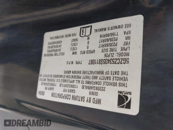 2005 Saturn VUE with VIN 5GZCZ53435S811087, listed as a IAAI auction lot 42142012 with 216,371 mi miles and . Bid and sale history available at DreamBid. Image 9.