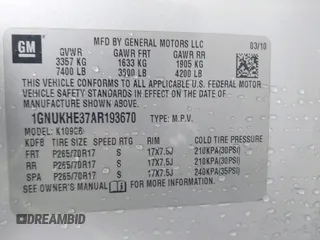 2010 Chevrolet Suburban LS with VIN 1GNUKHE37AR193670, listed as a IAAI auction lot 41415863 with 213,371 mi miles and . Bid and sale history available at DreamBid. Image 9.