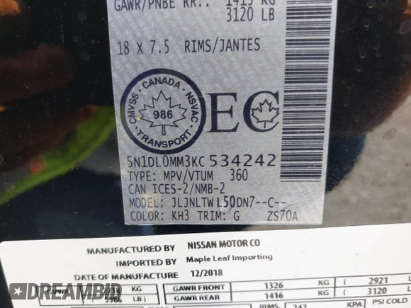 2019 Infiniti QX60 Luxe with VIN 5N1DL0MM3KC534242, listed as a IAAI auction lot 42178116 with 71,290 mi miles and . Bid and sale history available at DreamBid. Image 9.