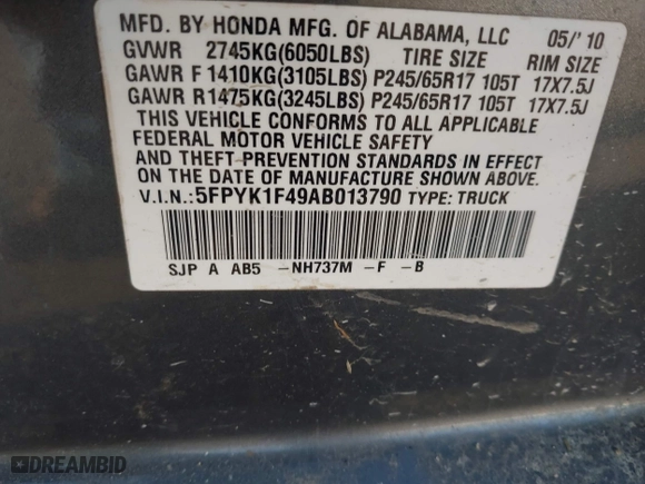 2010 Honda Ridgeline RTS with VIN 5FPYK1F49AB013790, listed as a IAAI auction lot 41769454 with 139,682 mi miles. Bid and sale history available at carsss.com. Image 9.