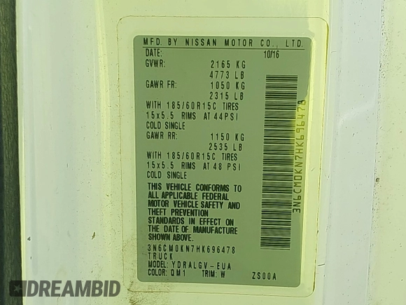 2017 Nissan NV200 S с VIN 3N6CM0KN7HK696478, выставлен на аукционе IAAI как лот 42682947 с пробегом 110 789 миль миль и . История ставок и продаж доступна на DreamBid. Изображение 9.
