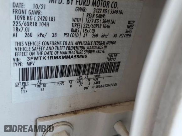 2021 Ford Mustang Mach-E Select with VIN 3FMTK1RMXMMA58666, listed as a Copart auction lot 64401675 with Not provided miles and Salvage title. Bid and sale history available at DreamBid. Image 12.