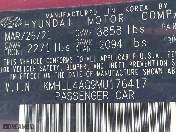 2021 Hyundai Elantra SE with VIN KMHLL4AG9MU176417, listed as a IAAI auction lot 40780073 with 63,347 mi miles. Bid and sale history available at carsss.com. Image 9.