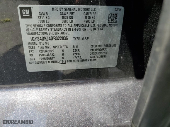 2016 Cadillac Escalade Platinum with VIN 1GYS4DKJ4GR322036, listed as a Copart auction lot 62537494 with 105,138 mi miles and Salvage Title. Bid and sale history available at carsss.com. Image 13.
