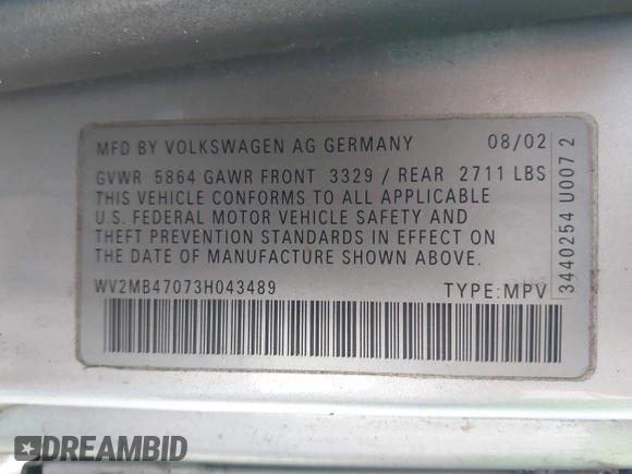 2003 Volkswagen EuroVan MV with VIN WV2MB47073H043489, listed as a IAAI auction lot 42030772 with Not Provided miles and . Bid and sale history available at DreamBid. Image 9.