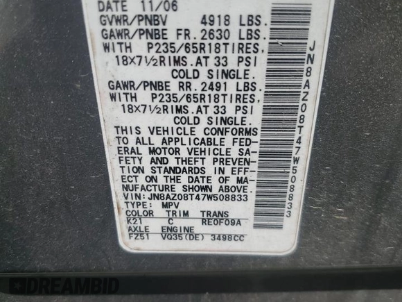 2007 Nissan Murano SL z VIN JN8AZ08T47W508833, wystawiony jako Copart lot #53039335 z przebiegiem Nie podano mil oraz Nie do naprawy • Non repairable. Historia ofert i sprzedaży dostępna na DreamBid. Obrazek 13.