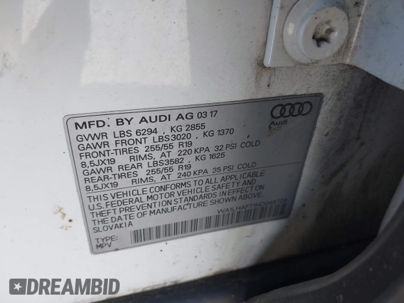 2017 Audi Q7 Premium Plus with VIN WA1LHAF71HD049724, listed as a IAAI auction lot 41405955 with 117,741 mi miles and . Bid and sale history available at DreamBid. Image 9.