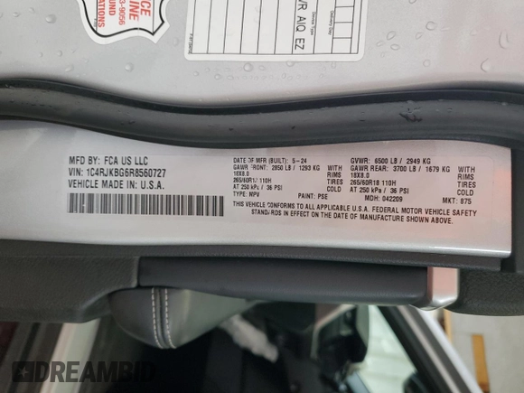 2024 Jeep Grand Cherokee Limited with VIN 1C4RJKBG6R8560727, listed as a Copart auction lot 59752305 with Not provided miles and Clean title. Bid and sale history available at DreamBid. Image 14.