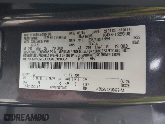 2016 Ford Escape SE with VIN 1FMCU9GXXGUC81604, listed as a IAAI auction lot 42222349 with 106,188 mi miles and . Bid and sale history available at DreamBid. Image 9.