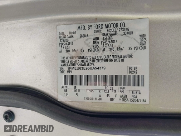 2006 Ford Explorer XLT с VIN 1FMEU63E96UA54379, выставлен на аукционе IAAI как лот 42277129 с пробегом 285 795 миль миль и . История ставок и продаж доступна на DreamBid. Изображение 9.