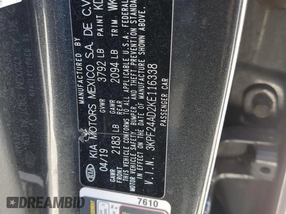 2019 Kia Forte LXS with VIN 3KPF24AD2KE116338, listed as a Copart auction lot 50497795 with 121,324 mi miles and Salvage Title. Bid and sale history available at DreamBid. Image 13.