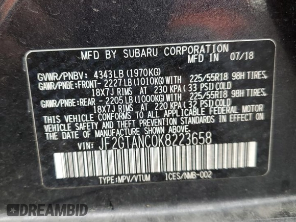 2019 Subaru Crosstrek Limited with VIN JF2GTANC0K8223658, listed as a Copart auction lot 58191685 with 82,747 mi miles and Salvage title. Bid and sale history available at DreamBid. Image 13.