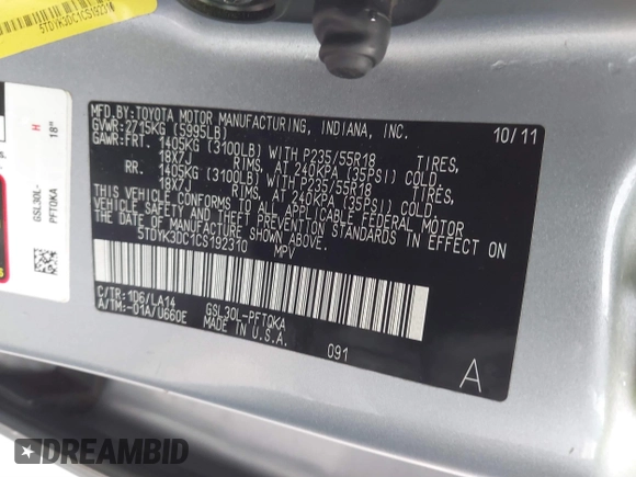 2012 Toyota Sienna XLE AAS z VIN 5TDYK3DC1CS192310, wystawiony jako IAAI lot #41379303 z przebiegiem 119 524 mil mil oraz . Historia ofert i sprzedaży dostępna na DreamBid. Obrazek 9.