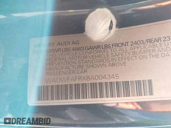 2011 Audi A5 Prestige with VIN WAUWFAFRXBA004345, listed as a IAAI auction lot 42254334 with 108,909 mi miles and . Bid and sale history available at DreamBid. Image 9.
