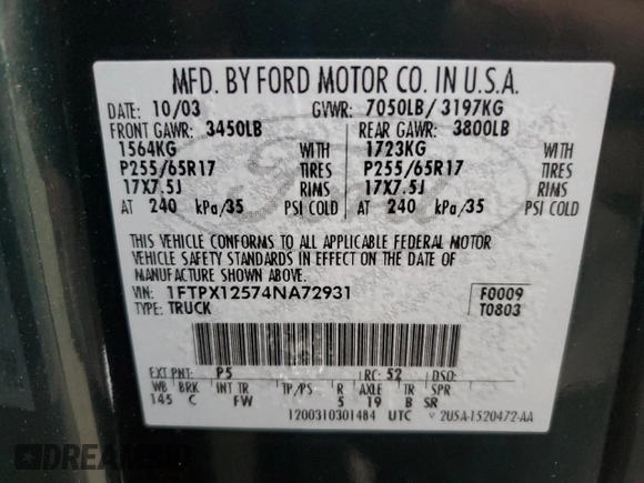 2004 Ford F-150 XL z VIN 1FTPX12574NA72931, wystawiony jako Copart lot #54609905 z przebiegiem 189 605 mil mil oraz Czysty tytuł • Clean title. Historia ofert i sprzedaży dostępna na DreamBid. Obrazek 12.