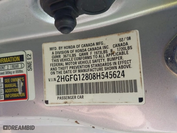 2008 Honda Civic Cpe EX with VIN 2HGFG12808H545624, listed as a IAAI auction lot 41542165 with 144,893 mi miles. Bid and sale history available at carsss.com. Image 9.