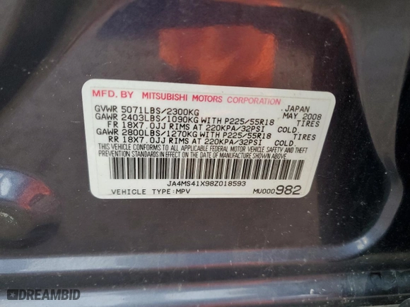 2008 Mitsubishi Outlander XLS with VIN JA4MS41X98Z018593, listed as a Copart auction lot 72319484 with 93,704 mi miles and Clean Title. Bid and sale history available at carsss.com. Image 13.