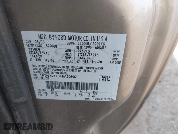 2004 Ford F-250 XL с VIN 1FTNX21L34EA50907, выставлен на аукционе IAAI как лот 42401809 с пробегом 104 902 миль миль и . История ставок и продаж доступна на DreamBid. Изображение 9.