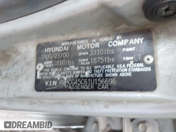 2001 Hyundai Accent GL with VIN KMHCG45C61U156696, listed as a IAAI auction lot 41643757 with 336,344 mi miles. Bid and sale history available at carsss.com. Image 9.