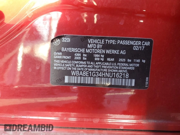 2017 BMW 3 Series 320i z VIN WBA8E1G34HNU16218, wystawiony jako Copart lot #42937665 z przebiegiem 96 549 mil mil oraz Szkoda całkowita • Salvage title. Historia ofert i sprzedaży dostępna na DreamBid. Obrazek 12.