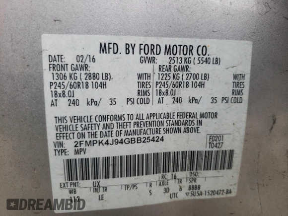 2016 Ford Edge SEL z VIN 2FMPK4J94GBB25424, wystawiony jako Copart lot #57108405 z przebiegiem 130 397 mil mil oraz Szkoda całkowita • Salvage title. Historia ofert i sprzedaży dostępna na DreamBid. Obrazek 12.