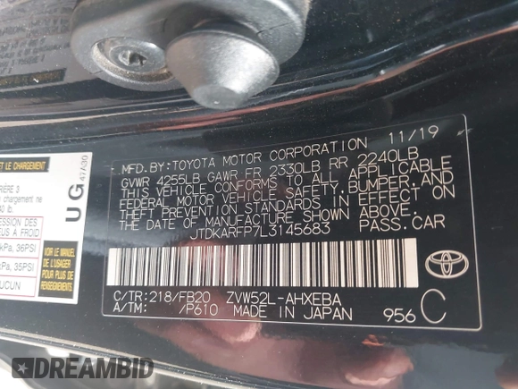 2020 Toyota Prius LE with VIN JTDKARFP7L3145683, listed as a IAAI auction lot 42004199 with 187,491 mi miles and . Bid and sale history available at DreamBid. Image 9.