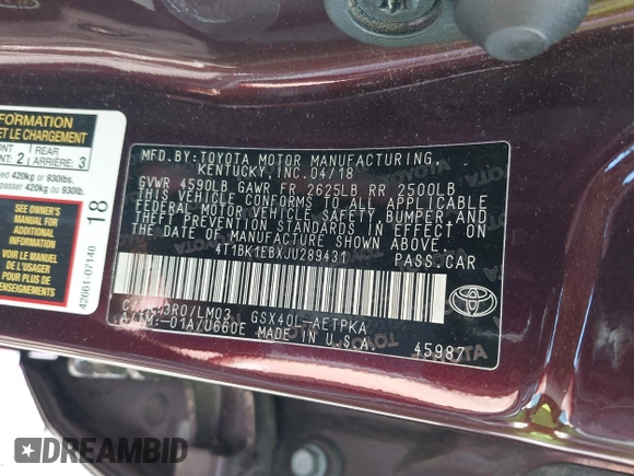 2018 Toyota Avalon XLE with VIN 4T1BK1EBXJU289431, listed as a IAAI auction lot 41782608 with 108,894 mi miles. Bid and sale history available at carsss.com. Image 9.