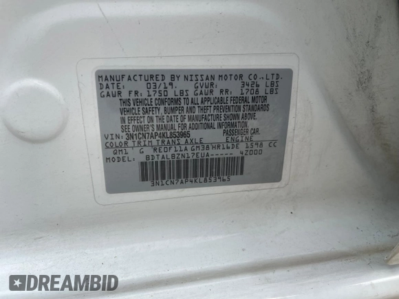 2019 Nissan Versa SV z VIN 3N1CN7AP4KL853965, wystawiony jako Copart lot #56391665 z przebiegiem 118 394 mil mil oraz Czysty tytuł • Clean title. Historia ofert i sprzedaży dostępna na DreamBid. Obrazek 10.