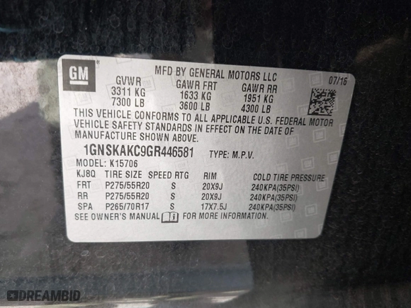 2016 Chevrolet Tahoe LS with VIN 1GNSKAKC9GR446581, listed as a IAAI auction lot 41885288 with 60,978 mi miles. Bid and sale history available at carsss.com. Image 9.