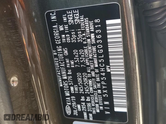 2020 Kia Telluride SX with VIN 5XYP54HC5LG036318, listed as a Copart auction lot 65698205 with 117,914 mi miles and Clean title. Bid and sale history available at DreamBid. Image 12.