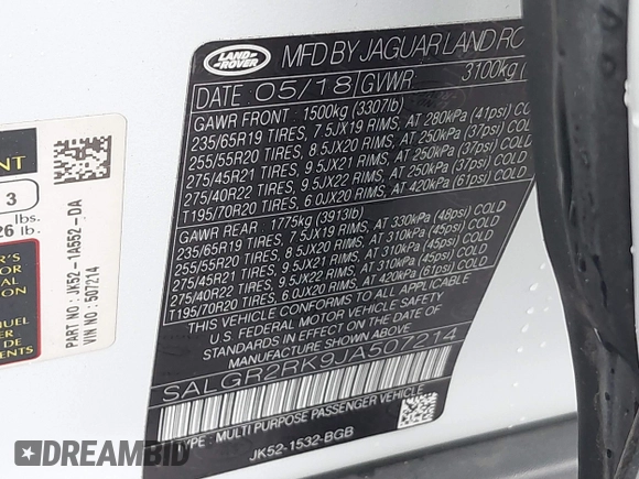 2018 Land Rover Range Rover with VIN SALGR2RK9JA507214, listed as a IAAI auction lot 41544796 with 51,854 mi miles and . Bid and sale history available at DreamBid. Image 9.