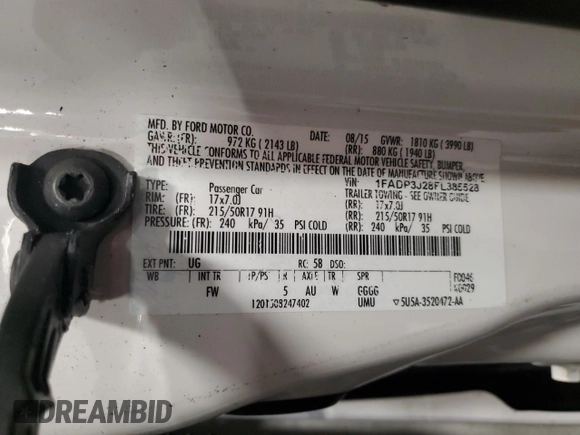 2015 Ford Focus Titanium с VIN 1FADP3J28FL385528, выставлен на аукционе Copart как лот 50628395 с пробегом 92 323 миль миль и На запчасти • Non repairable. История ставок и продаж доступна на DreamBid. Изображение 12.