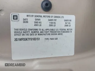2000 Chevrolet Impala с VIN 2G1WF55K7Y9165151, выставлен на аукционе IAAI как лот 42355624 с пробегом 136 557 миль миль и . История ставок и продаж доступна на DreamBid. Изображение 9.