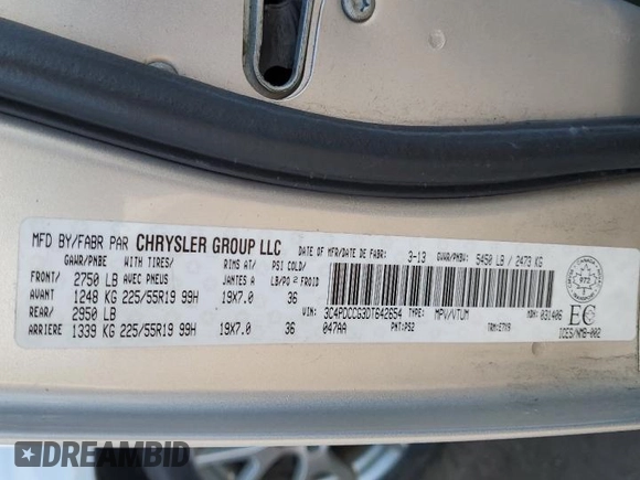 2013 Dodge Journey Crew with VIN 3C4PDCCG3DT642654, listed as a Copart auction lot 48866915 with 207,362 mi miles and Salvage title. Bid and sale history available at DreamBid. Image 13.