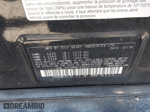 2011 Subaru Legacy Premium with VIN 4S3BMBC65B3217179, listed as a IAAI auction lot 42753230 with 290,179 mi miles and . Bid and sale history available at DreamBid. Image 9.