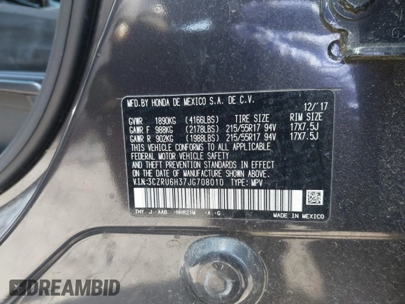 2018 Honda HR-V LX with VIN 3CZRU6H37JG708010, listed as a IAAI auction lot 42059990 with 100,822 mi miles. Bid and sale history available at carsss.com. Image 9.
