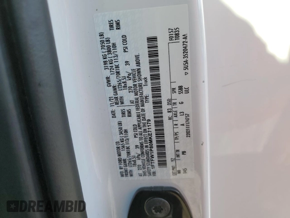 2021 Ford F-150 with VIN 1FTFW1P80MKE71179, listed as a Copart auction lot 64691115 with 57,413 mi miles and Salvage title. Bid and sale history available at DreamBid. Image 13.