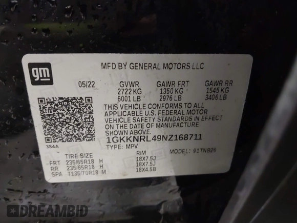 2022 GMC Acadia SLE z VIN 1GKKNRL49NZ168711, wystawiony jako IAAI lot #38701786 z przebiegiem 26 809 mil mil oraz . Historia ofert i sprzedaży dostępna na DreamBid. Obrazek 9.