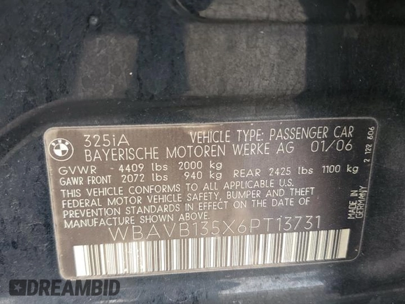 2006 BMW 3 Series 325i z VIN WBAVB135X6PT13731, wystawiony jako Copart lot #63491885 z przebiegiem Nie podano mil oraz Szkoda całkowita • Salvage title. Historia ofert i sprzedaży dostępna na DreamBid. Obrazek 12.