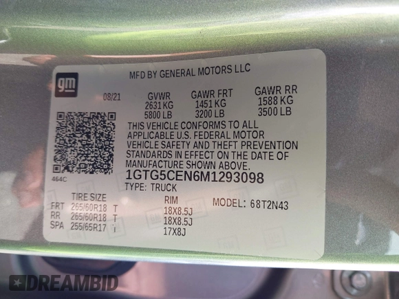 2021 GMC Canyon 2WD Elevation with VIN 1GTG5CEN6M1293098, listed as a IAAI auction lot 41477792 with 48,252 mi miles. Bid and sale history available at carsss.com. Image 9.