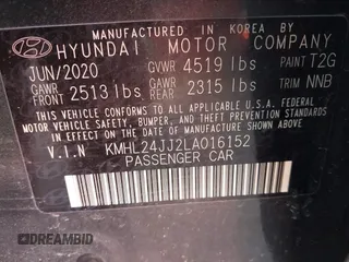 2020 Hyundai Sonata Hybrid Blue with VIN KMHL24JJ2LA016152, listed as a IAAI auction lot 41655476 with 168,982 mi miles. Bid and sale history available at carsss.com. Image 9.