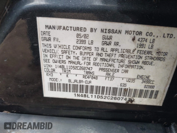 2002 Nissan Altima SE with VIN 1N4BL11D52C260747, listed as a IAAI auction lot 41733376 with 151,750 mi miles. Bid and sale history available at carsss.com. Image 9.