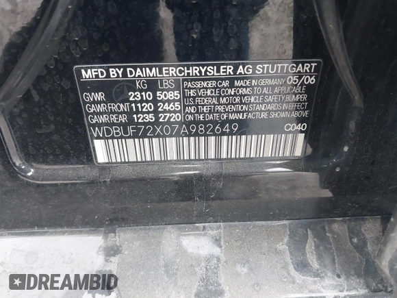 2007 Mercedes-Benz E 550 Sport with VIN WDBUF72X07A982649, listed as a IAAI auction lot 42125131 with Not provided miles and . Bid and sale history available at DreamBid. Image 9.