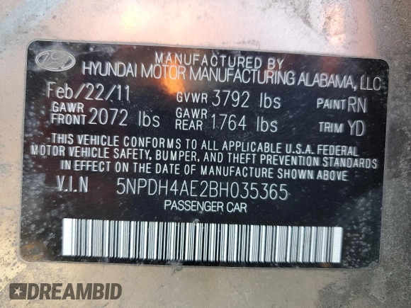 2011 Hyundai Elantra GLS with VIN 5NPDH4AE2BH035365, listed as a Copart auction lot 46697255 with 0 mi miles and Salvage Title. Bid and sale history available at carsss.com. Image 12.
